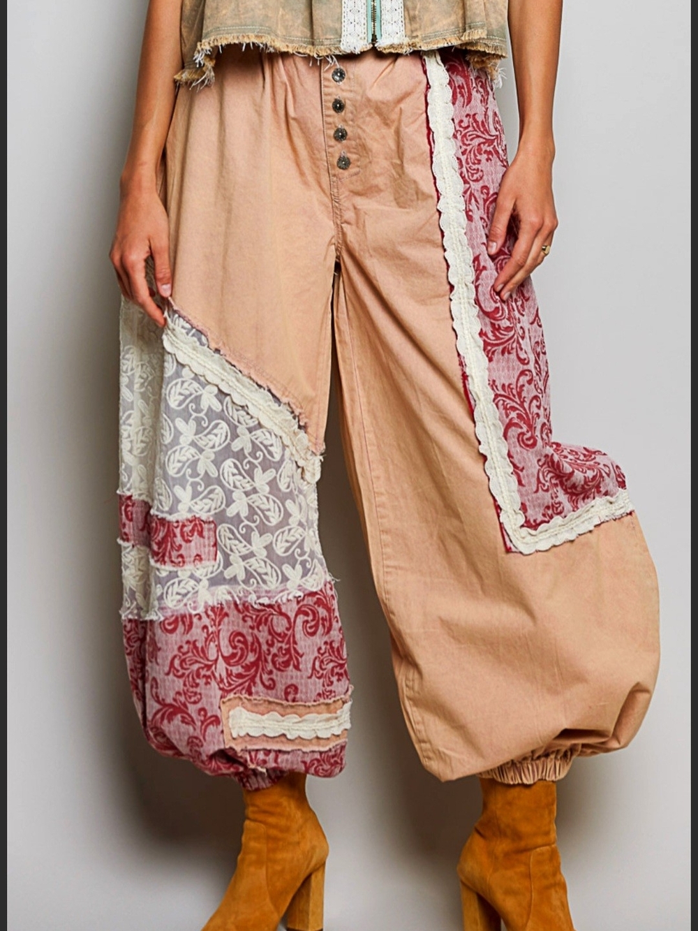 POL Dusty Rose Patchwork And Lace Wide-Leg Pants